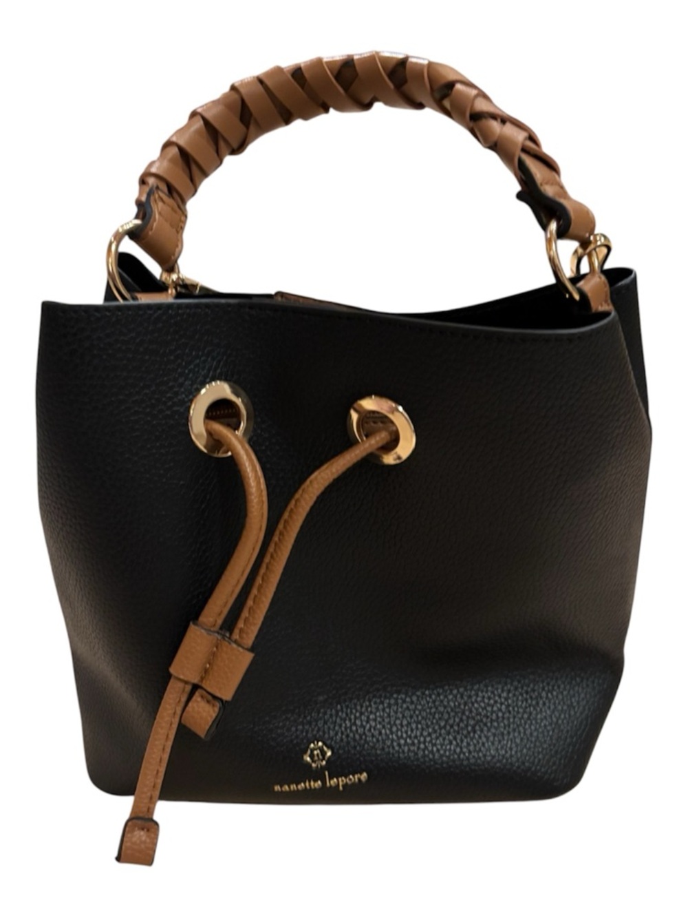 Nanette Lepore Navy and Tan Leather Drawstring Bucket Shoulder Bag